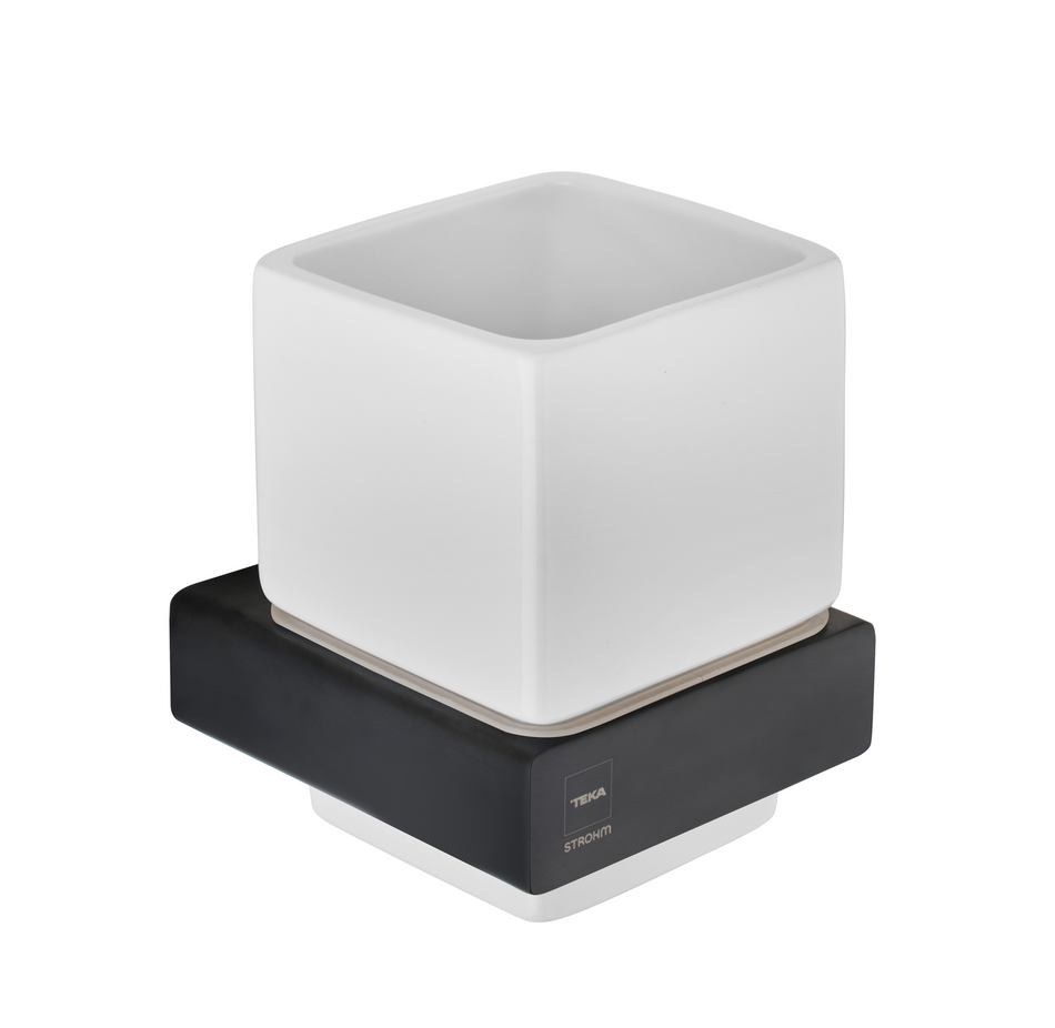 Keraminė stiklinė su juodos spalvos laikikliu