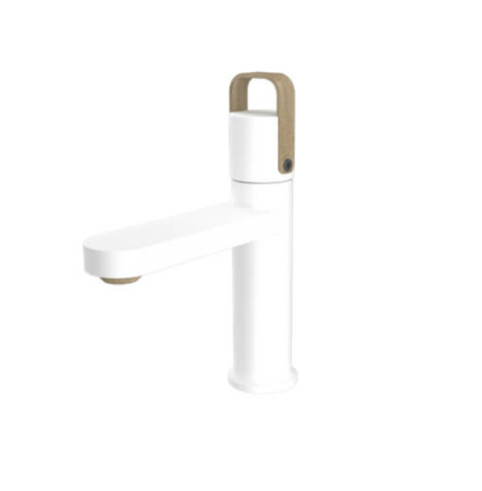 L Nordic dizaino baltos spalvos praustuvo maišytuvas su Amazonės ąžuolo apdaila