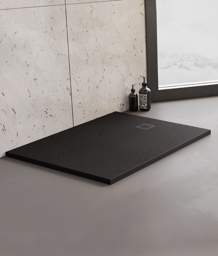 Mori konglomerato dušo padėklas su natūralaus akmens struktūra, juodas, aukštis 3 cm, stačiakampis